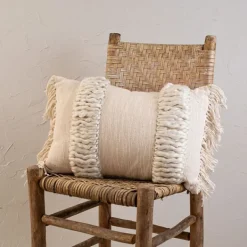Pillows-Kirkland's Home Cream Hand Woven Fringe Ends Lumbar Pillow Ivory
