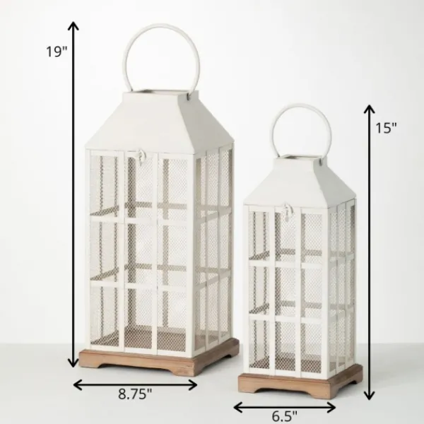 Lanterns-Kirkland's Home Cream Metal Paned Wood Base Lanterns, Set Of 2 Ivory