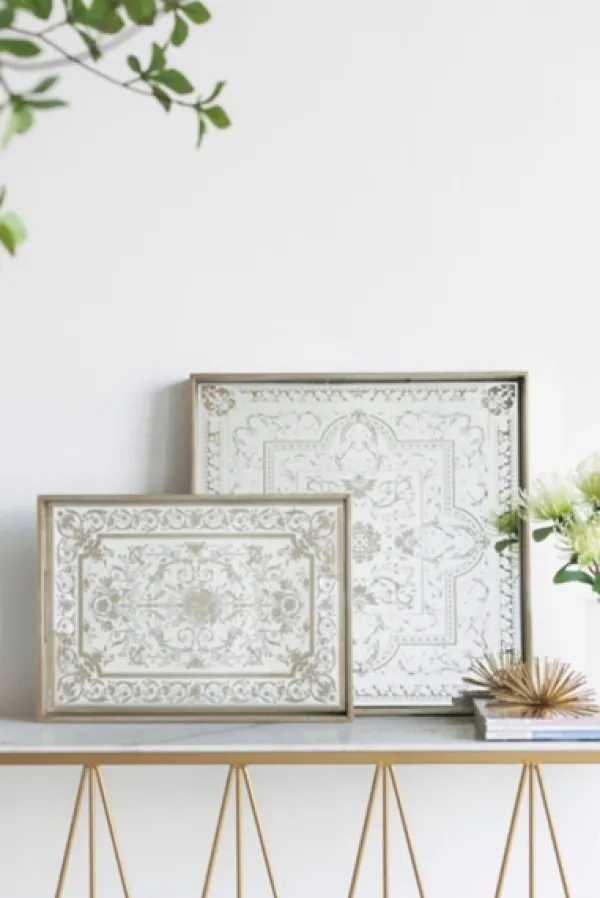 Decorative Trays-Kirkland's Home Cream Moroccan Pattern Tray With Gold Edges White