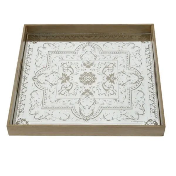Decorative Trays-Kirkland's Home Cream Moroccan Pattern Tray With Gold Edges White