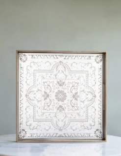 Decorative Trays-Kirkland's Home Cream Moroccan Pattern Tray With Gold Edges White