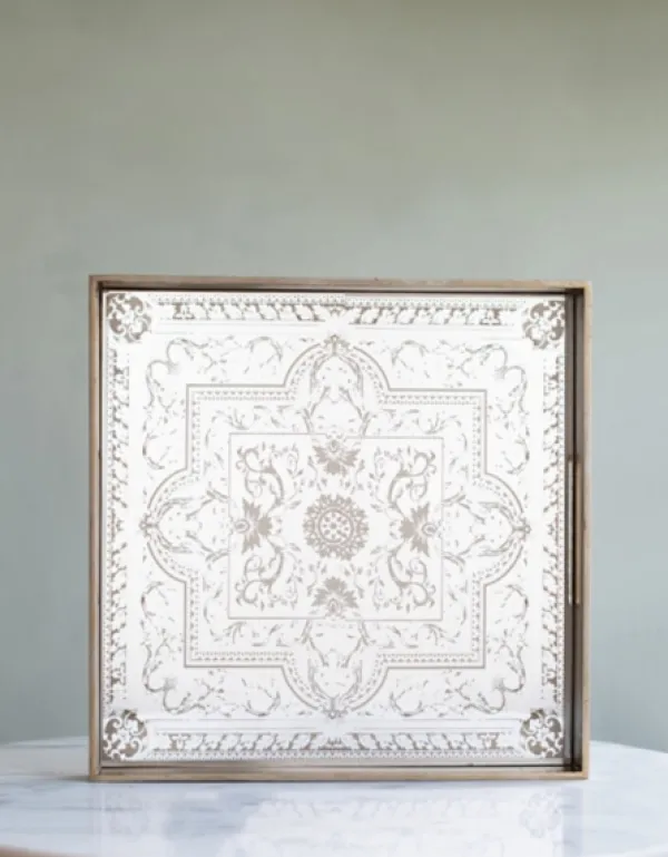 Decorative Trays-Kirkland's Home Cream Moroccan Pattern Tray With Gold Edges White