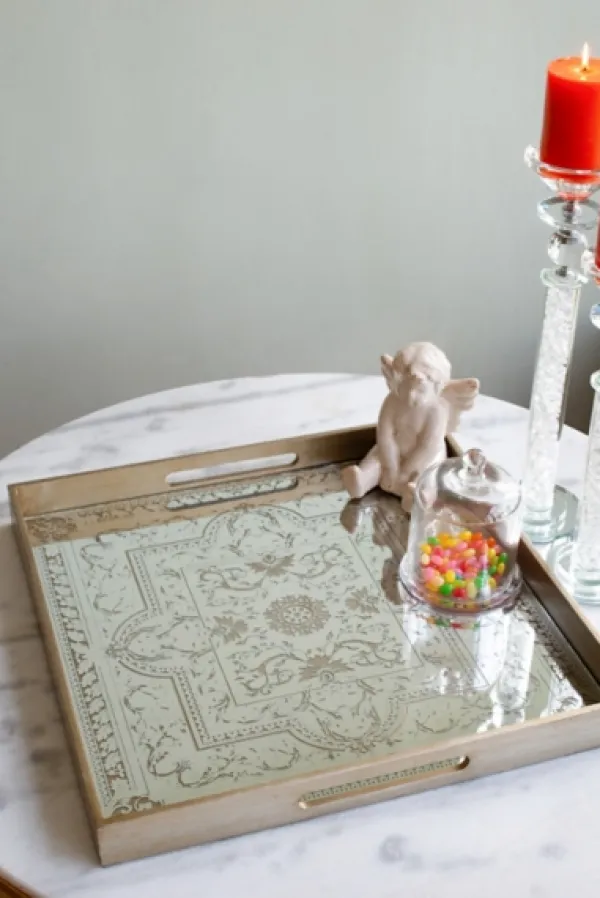 Decorative Trays-Kirkland's Home Cream Moroccan Pattern Tray With Gold Edges White