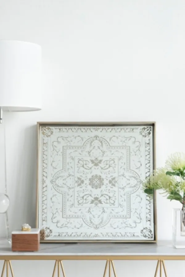 Decorative Trays-Kirkland's Home Cream Moroccan Pattern Tray With Gold Edges White