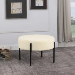 Benches & Ottomans-Kirkland's Home Cream Sherpa Upholstered Metal Ottoman Ivory