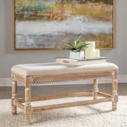 Benches & Ottomans-Kirkland's Home Cream Upholstered And Wooden Bench Ivory