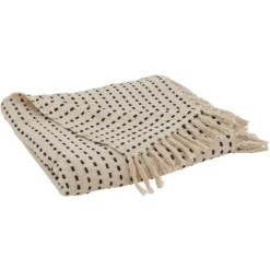 Blankets & Throws-Kirkland's Home Cream Woven Dashed Cotton Throw Ivory/Black