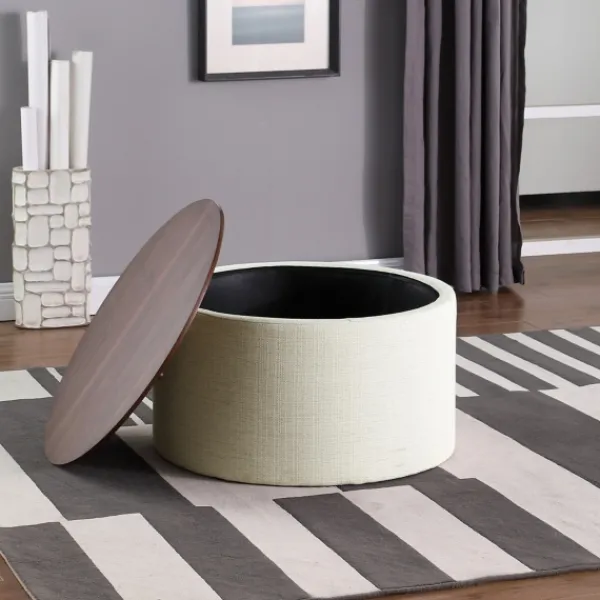 Benches & Ottomans-Kirkland's Home Cream Woven Wood Top Storage Ottoman Ivory