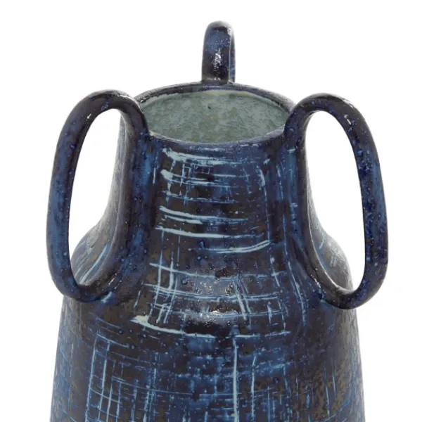 Vases-Kirkland's Home Crosshatch Triple Handle Ceramic Vase, 13 In. Blue