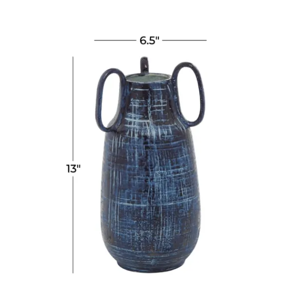 Vases-Kirkland's Home Crosshatch Triple Handle Ceramic Vase, 13 In. Blue