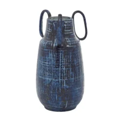 Vases-Kirkland's Home Crosshatch Triple Handle Ceramic Vase, 13 In. Blue