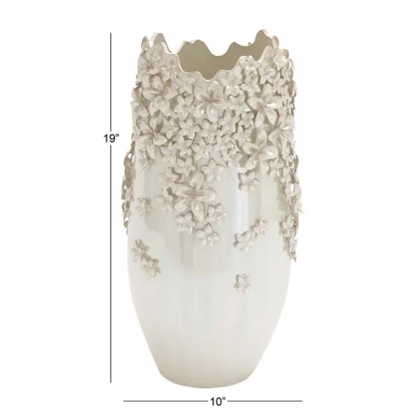 Vases-Kirkland's Home 3D Floral Cream Ceramic Vase White
