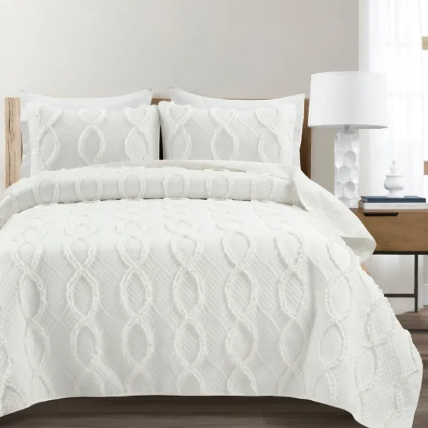 Quilts-Kirkland's Home Daisy Trellis Ruffles 3-Pc. Queen Quilt Set White