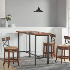 Bar Stools & Counter Height Stools-Kirkland's Home Dark Brown Wood And Seagrass Swivel Bar Stool Tan