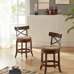 Bar Stools & Counter Height Stools-Kirkland's Home Dark Brown Wood And Seagrass Swivel Counter Stool Tan