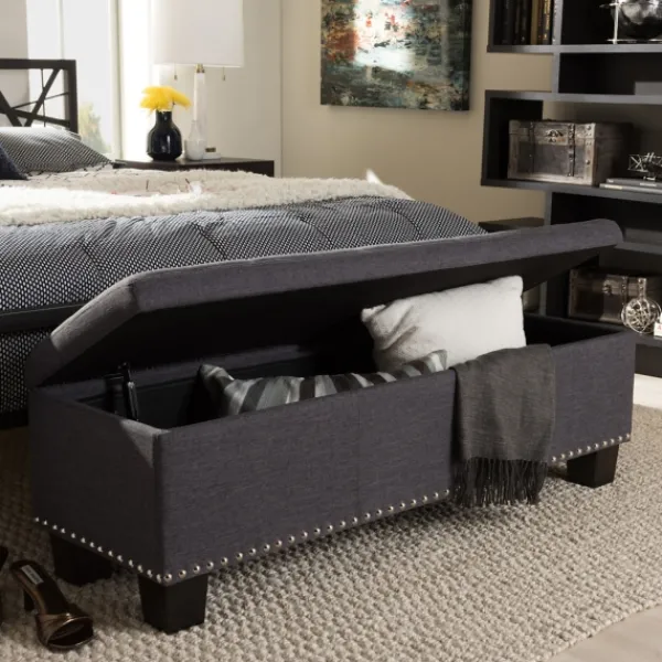 Entryway Furniture-Kirkland's Home Dark Button-Tufted Upholstered Storage Bench Gray