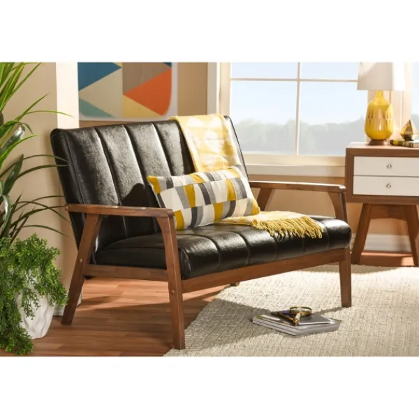 Sofas & Loveseats-Kirkland's Home Dark Faux Leather Channel Loveseat, 45 In. Brown