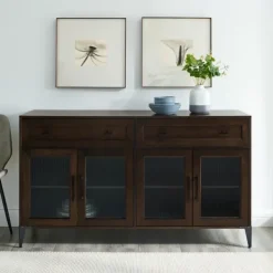 Cabinets & Sideboards-Kirkland's Home Dark Oak Fluted Glass Sideboard Cabinet Brown
