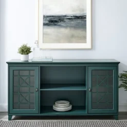 Cabinets & Sideboards-Kirkland's Home Dark Teal Fretwork 2-Door Sideboard Blue