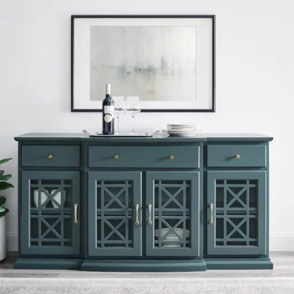 Cabinets & Sideboards-Kirkland's Home Dark Teal Tiered Fretwork Cabinet Blue