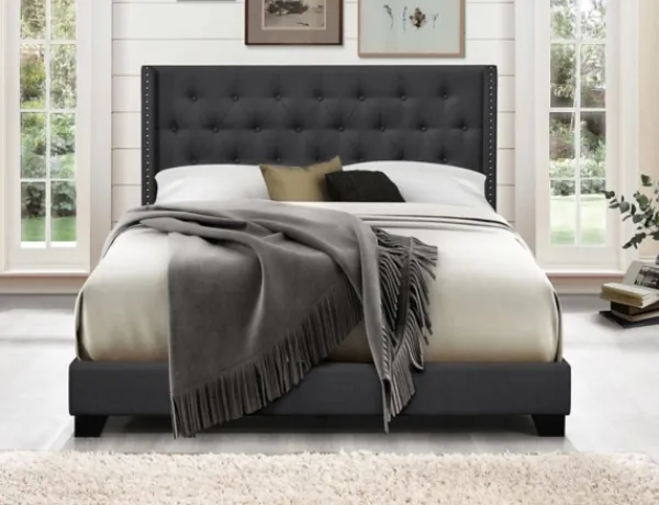 Beds & Headboards-Kirkland's Home Dark Upholstered Button Tufted Wing Queen Bed Gray