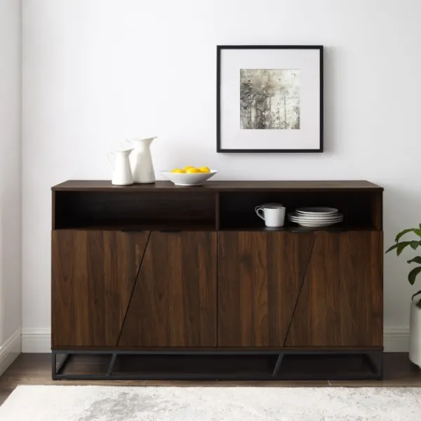 Cabinets & Sideboards-Kirkland's Home Dark Walnut Angled Door Wooden Sideboard Cabinet Brown