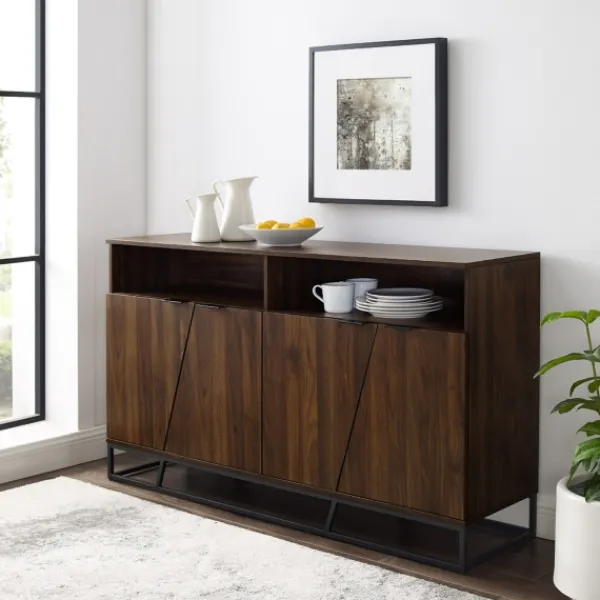 Cabinets & Sideboards-Kirkland's Home Dark Walnut Angled Door Wooden Sideboard Cabinet Brown