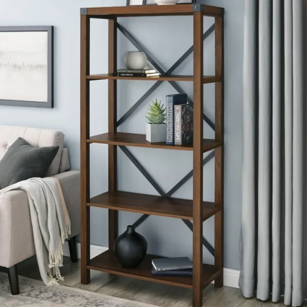 Bookshelves-Kirkland's Home Dark Walnut Farmhouse Metal Bookcase Brown