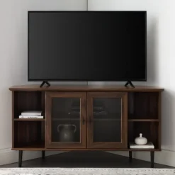 Tv Stands & Media Consoles-Kirkland's Home Dark Walnut Glass Door Corner Tv Stand Brown