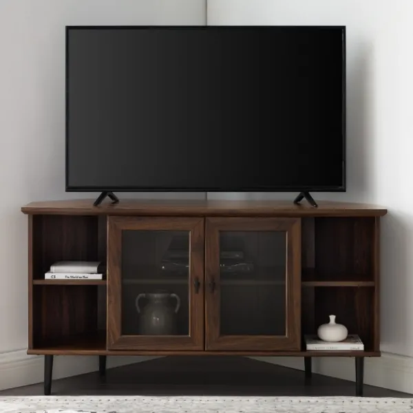 Tv Stands & Media Consoles-Kirkland's Home Dark Walnut Glass Door Corner Tv Stand Brown