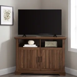 Tv Stands & Media Consoles-Kirkland's Home Dark Walnut Grooved Door Corner Tv Stand Brown