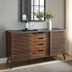 Cabinets & Sideboards-Kirkland's Home Dark Walnut Slatted 4-Drawer Cabinet Brown