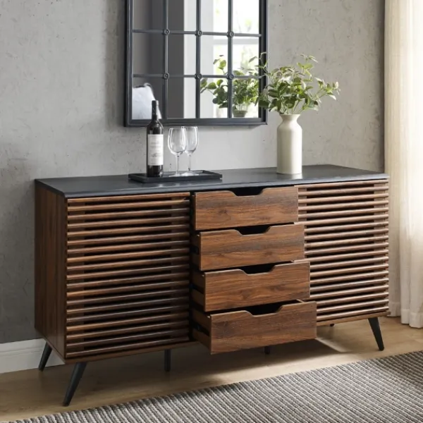 Cabinets & Sideboards-Kirkland's Home Dark Walnut Slatted 4-Drawer Cabinet Brown