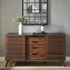 Cabinets & Sideboards-Kirkland's Home Dark Walnut Slatted 4-Drawer Cabinet Brown