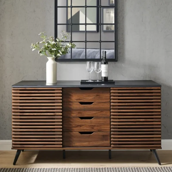 Cabinets & Sideboards-Kirkland's Home Dark Walnut Slatted 4-Drawer Cabinet Brown