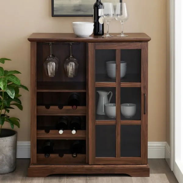 Cabinets & Sideboards-Kirkland's Home Dark Walnut Sliding Glass Door Bar Cabinet Brown