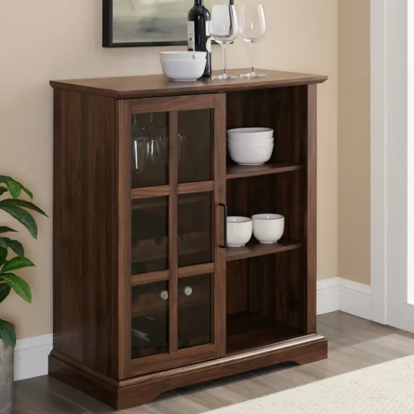 Cabinets & Sideboards-Kirkland's Home Dark Walnut Sliding Glass Door Bar Cabinet Brown