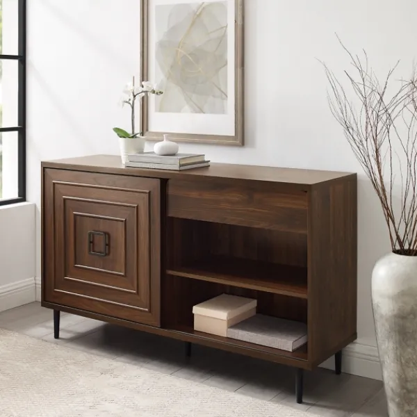 Cabinets & Sideboards-Kirkland's Home Dark Walnut Square Sliding Door Wooden Cabinet Brown