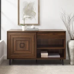 Cabinets & Sideboards-Kirkland's Home Dark Walnut Square Sliding Door Wooden Cabinet Brown