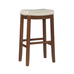 Bar Stools & Counter Height Stools-Kirkland's Home Dark Wood Bar Stool With Striped Cushion Gray