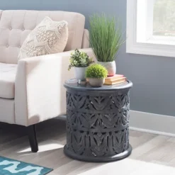 Accent & End Tables-Kirkland's Home Dark Wood Carved Detail Accent Table Gray