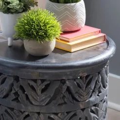 Accent & End Tables-Kirkland's Home Dark Wood Carved Detail Accent Table Gray