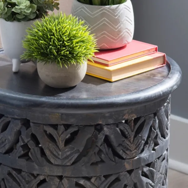 Accent & End Tables-Kirkland's Home Dark Wood Carved Detail Accent Table Gray