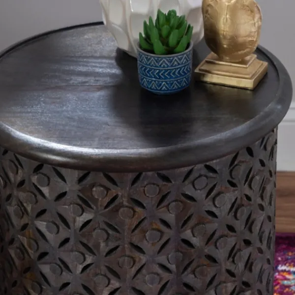 Accent & End Tables-Kirkland's Home Dark Wood Carved Medallion Accent Table Gray