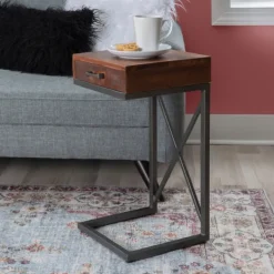 Accent & End Tables-Kirkland's Home Dark Wood Single Drawer C-Frame Accent Table Brown