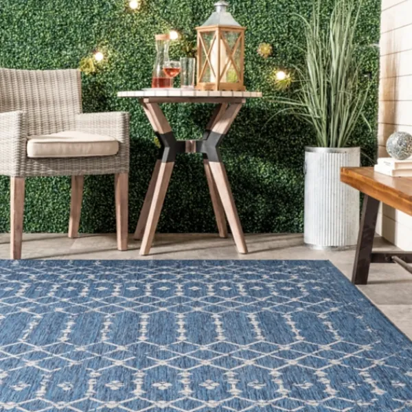 Outdoor Rugs-Kirkland's Home Davon Blue Moroccan Trellis Outdoor Rug, 5X8 Blue/Gray