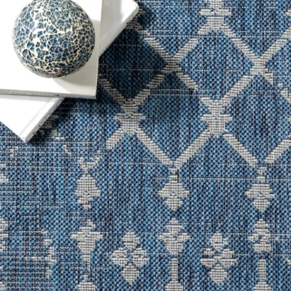 Outdoor Rugs-Kirkland's Home Davon Blue Moroccan Trellis Outdoor Rug, 5X8 Blue/Gray