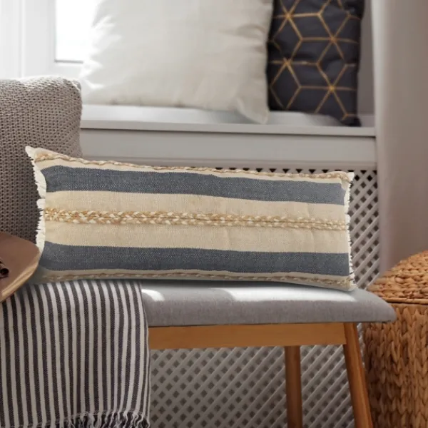 Pillows-Kirkland's Home Denim Blue Braided Stripe Lumbar Pillow Blue/Tan/White