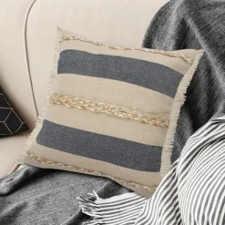 Pillows-Kirkland's Home Denim Blue Braided Stripe Throw Pillow, 24 In. Blue/Tan/Ivory