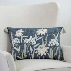Pillows-Kirkland's Home Denim Floral Embroidered Lumbar Throw Pillow White/Blue/Green